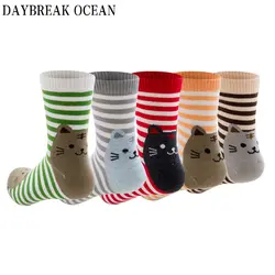 5 пар Забавный с милым рисунком кота Для женщин хлопковые носки мягкие удобные осень-зима Strped носки Для женщин Повседневное модные носки
