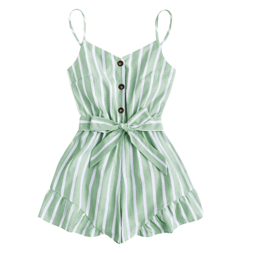 

Spaghetti Strap Button Bandage Stripe Women Fashion Sleeveless Ladies Self Tie Waist Striped Print Short Jumpsuit Drop Shipping