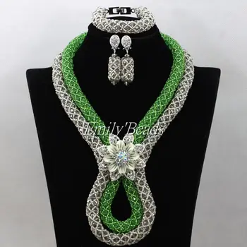 

Silver Grey/Green African Crystal Beads Bridal Necklace Bracelet Earrings Set Handmade Nigerian Wedding Jewelry Set AIJ827