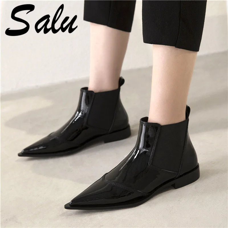 

Salu Top Quality Booys Women Ankle Boots High Heels Pointed Toe Genuine Leather Ladies Shoes Woman Warm Autumn Chelsea Boots