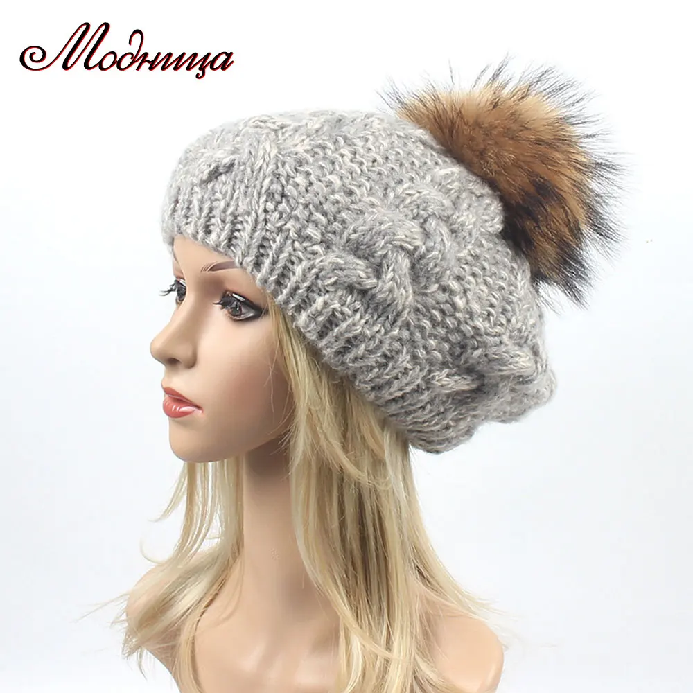 Cashmere Beret Women Winter Hat Bright Silk Thread Knitted Rabbit Fur Girls Caps