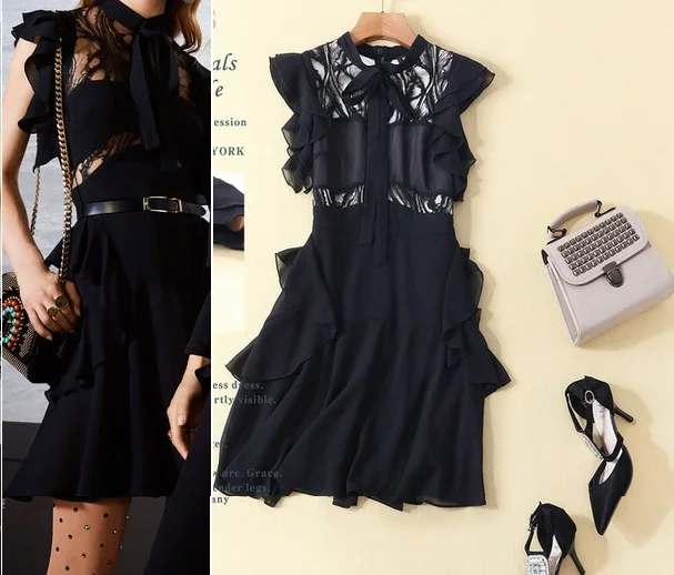 

Runway Dress New Fashion 2018 Autumn Woman Bow Collar Lace Patchwork Slim Fitted Ruffles Above Knee Dress Tunic Feminino