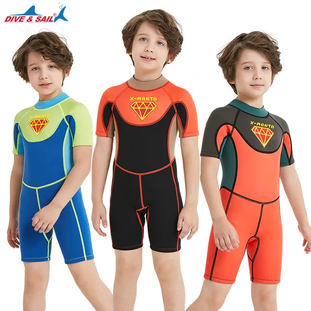 Cheap Kids 2.5mm Neoprene Swimsuit Baby Boys Wetsuits Snorkeling Surfing Rash Guards Children's Swimwear Short sleeve Diving Suits 