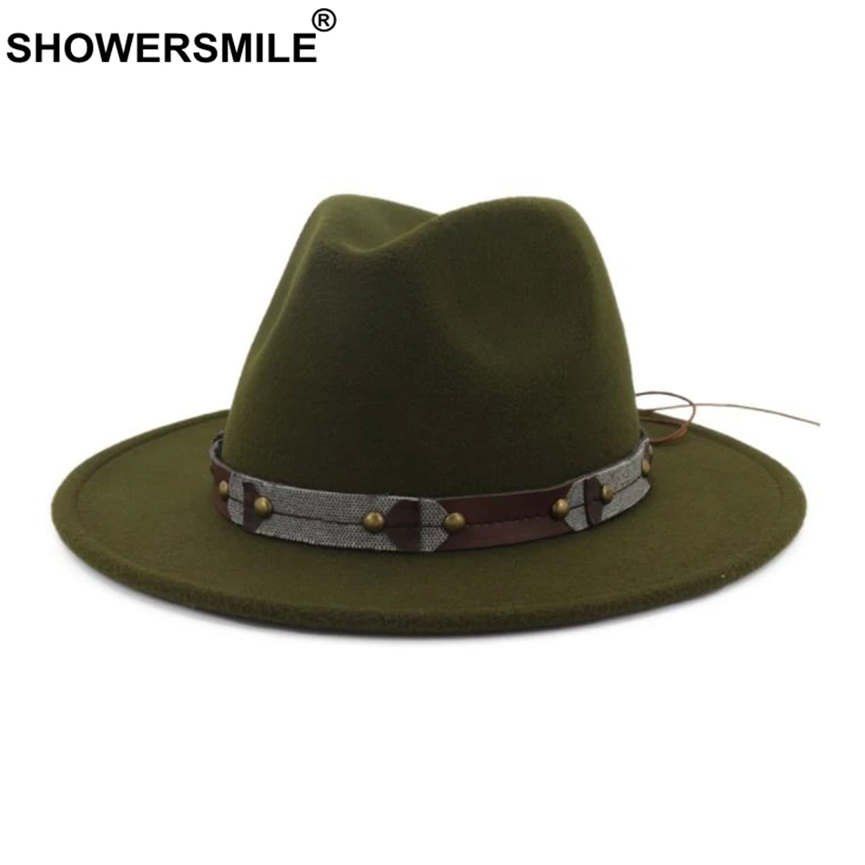SHOWERSMILE, зеленая фетровая шляпа, Женская шерстяная фетровая шляпа, Женская Весенняя Осенняя шерстяная шляпа с поясом, украшенная в британском стиле, джазовая шляпа для женщин