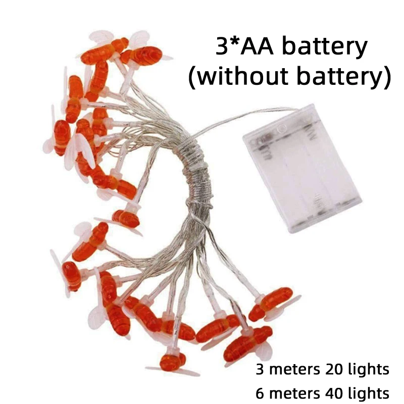 6 м 40 светодиодный Светодиодный светильник в форме пчелы, гирлянды для рождественских Гирлянд, гирлянды с батареей, светящиеся сказочные огни, вечерние украшения для сада, свадьбы, нового года