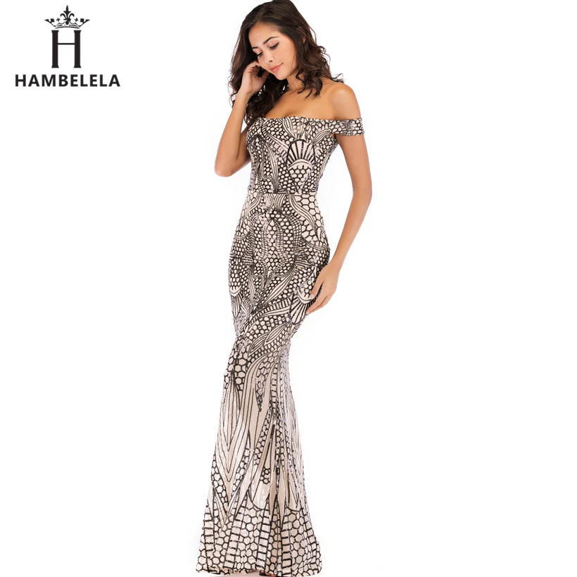 HAMBELELA Off Shoulder Black Maxi Gold Dress 2019 Floor Length Bodycon Sequin Dress Women Strapless Formal Party Gown Sexy Dress (9)