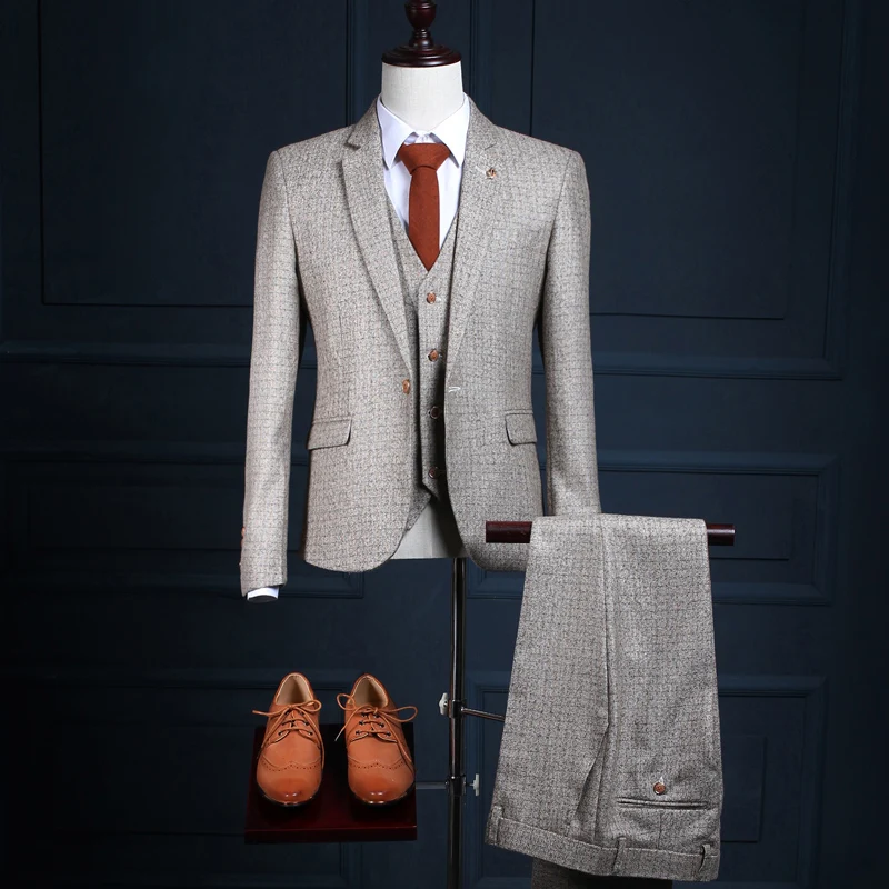 Custom Brand Suits (Jacket+Pants+Vest) Fashion Casual Men Suit Blazers Grey Plaid Style Slim Fit