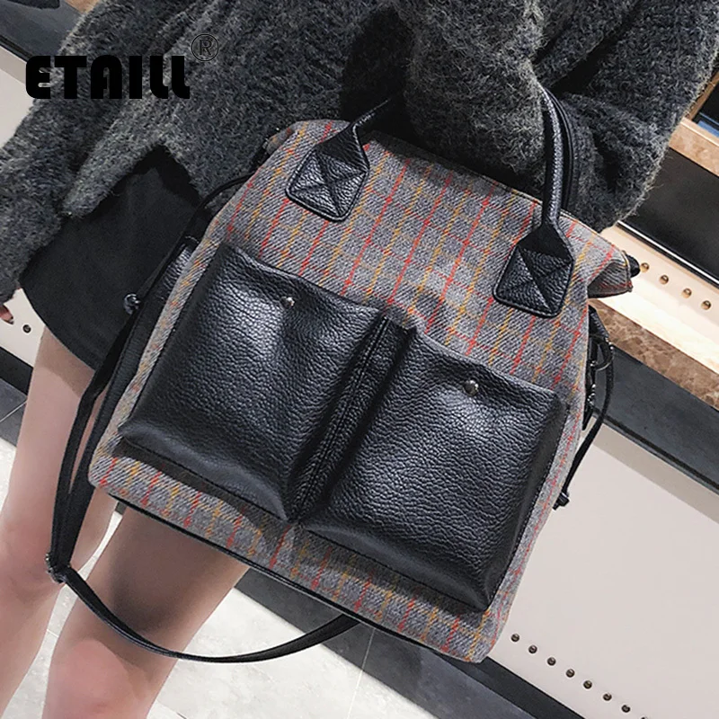 

ETAILL Women's Pu Leather Tote Bags Handbags Plaid Red Striped Stitching Famous Designer Bags Newest Luxury Ladies Messenger Bag