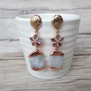 

3 Pairs Natural pearl Electroplated Rose Gold Earrings,star shape Charms Pave CZ Zirconia Jewelry Findings Dangle Earrings ER575