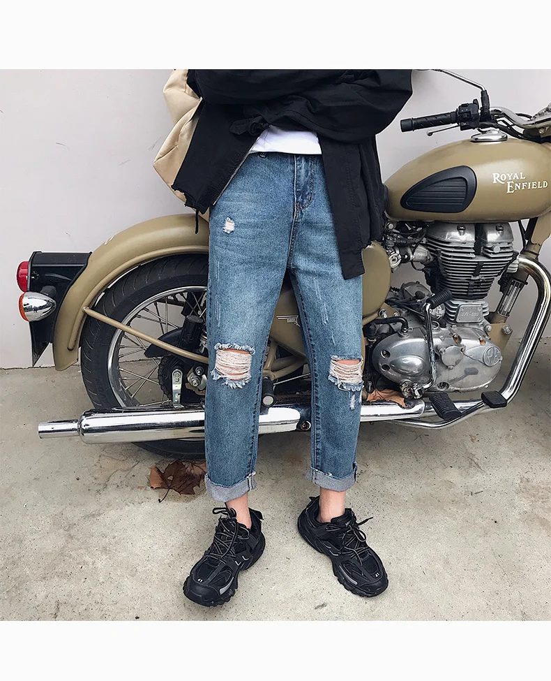 Spring And Autumn New Nine Points Jeans Male Korean Version Loose Straight Hole Casual Pants Men Tide Blue 27-34