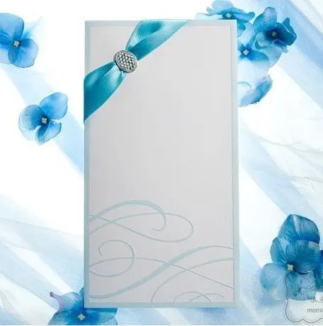 free shipping 100pcs lot blue ribbon wedding invitation cards