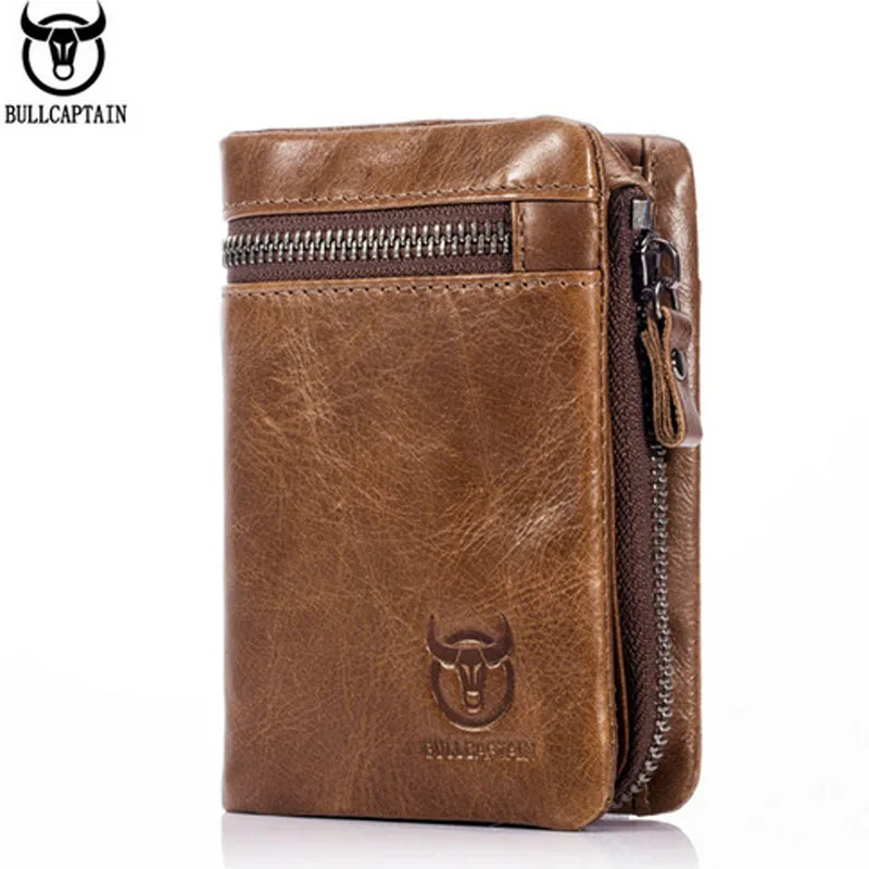 BULL CAPTAIN-cartera de piel de vaca auténtica para hombre, Bolso pequeño con diseño de cartera, bolsillo para monedas, pinza para tarjetas y efectivo