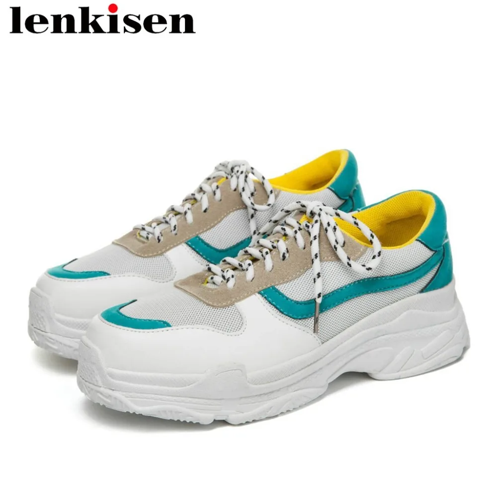 

Lenkisen 2018 mixed colors lace up concise design platform med bottom pu large size preppy style vulcanized casual shoes L11