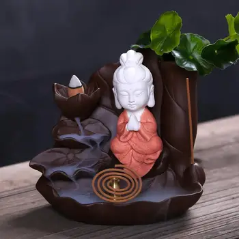 

Buddha Ceramic Incense Burner Little Monk Smoke Waterfall Incense Holder Handmade Lotus Small Mountain Censer Incienso Cascada