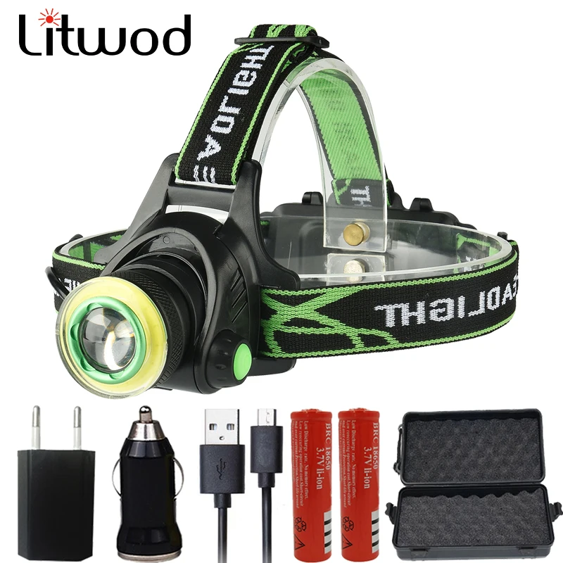 

Litwod Z207403 T6 + COB Led Headlight Headlamp Micro USB Charger Head Lamp Portable Light Torch Lantern for Camping gift box