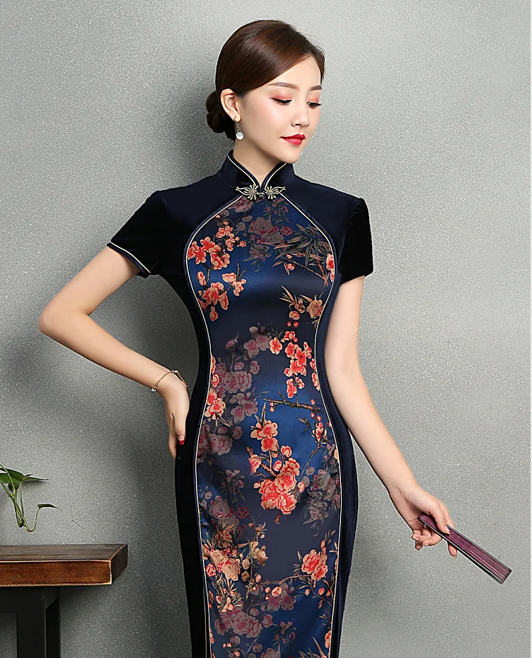 Китайский Винтаж Стиль Длинные cheongsam демисезонный короткий рукав Традиционный шить бархат моды ежедневно Qipao платье с цветочным рисунком