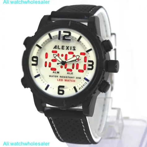 AW801H Water Resist Silicone Black Band Boy Girl Dual Time Alexis Anadigit Watch