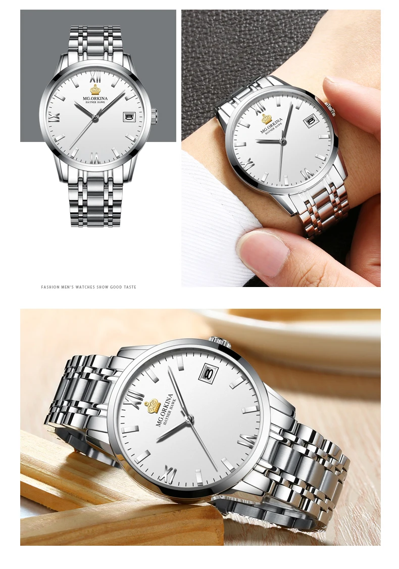 silver case with white dial watch men