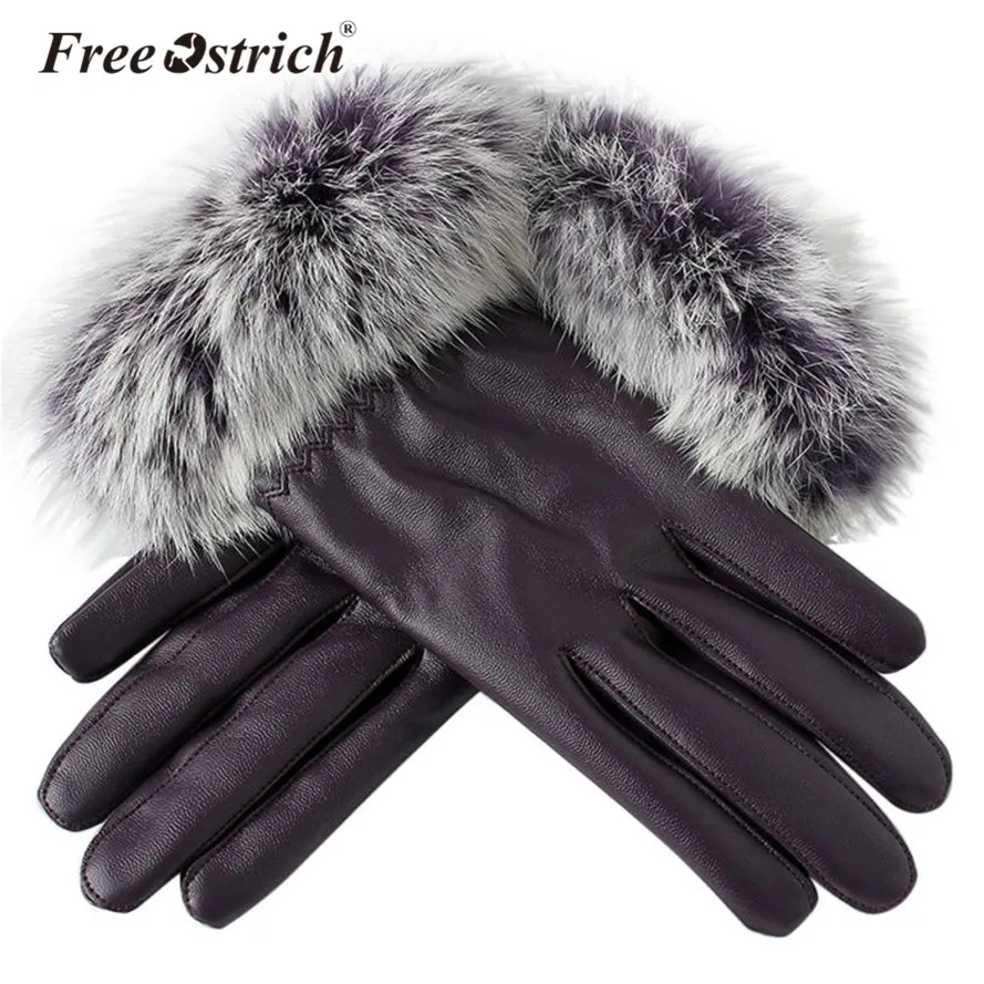 Страусиные кожаные перчатки зима осень WarmWomen сенсорный экран черные меховые варежки L1825