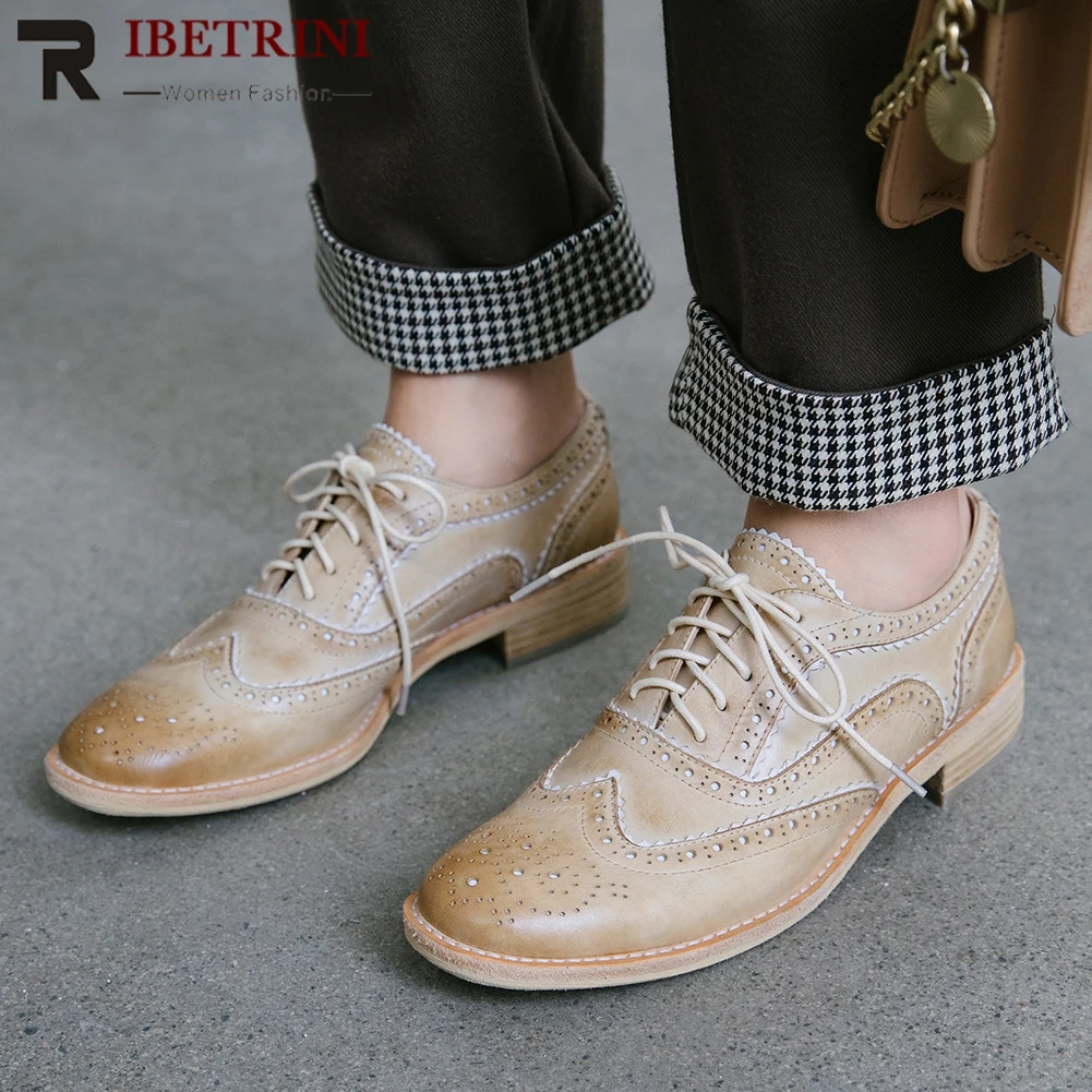 

RIBETRINI Retro Genuine Cow Leather Shoes Flats Woman 2019 Spring Autumn British Style Flats women's Shoes Woman 33-40