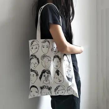 

Popular Funny Human Face Print Foldable Canvas Shopping Bag Women Tote Shoulder Handbag