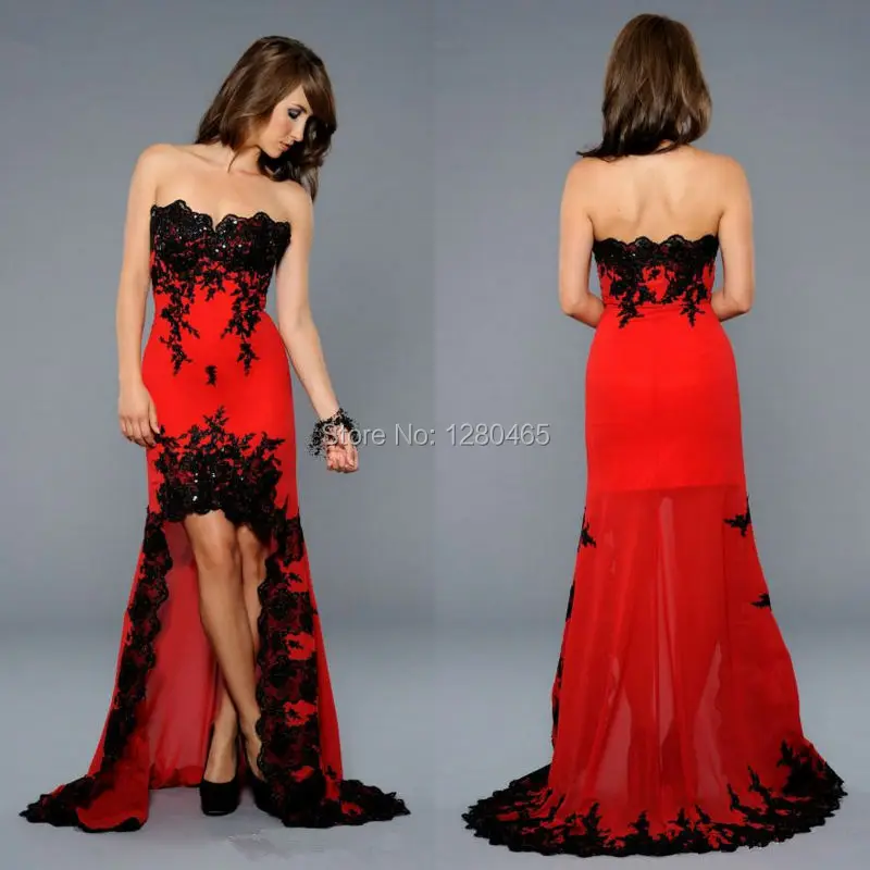 Red Black Long Sleeve Lace Overlay Sexy Maxi Prom Dress