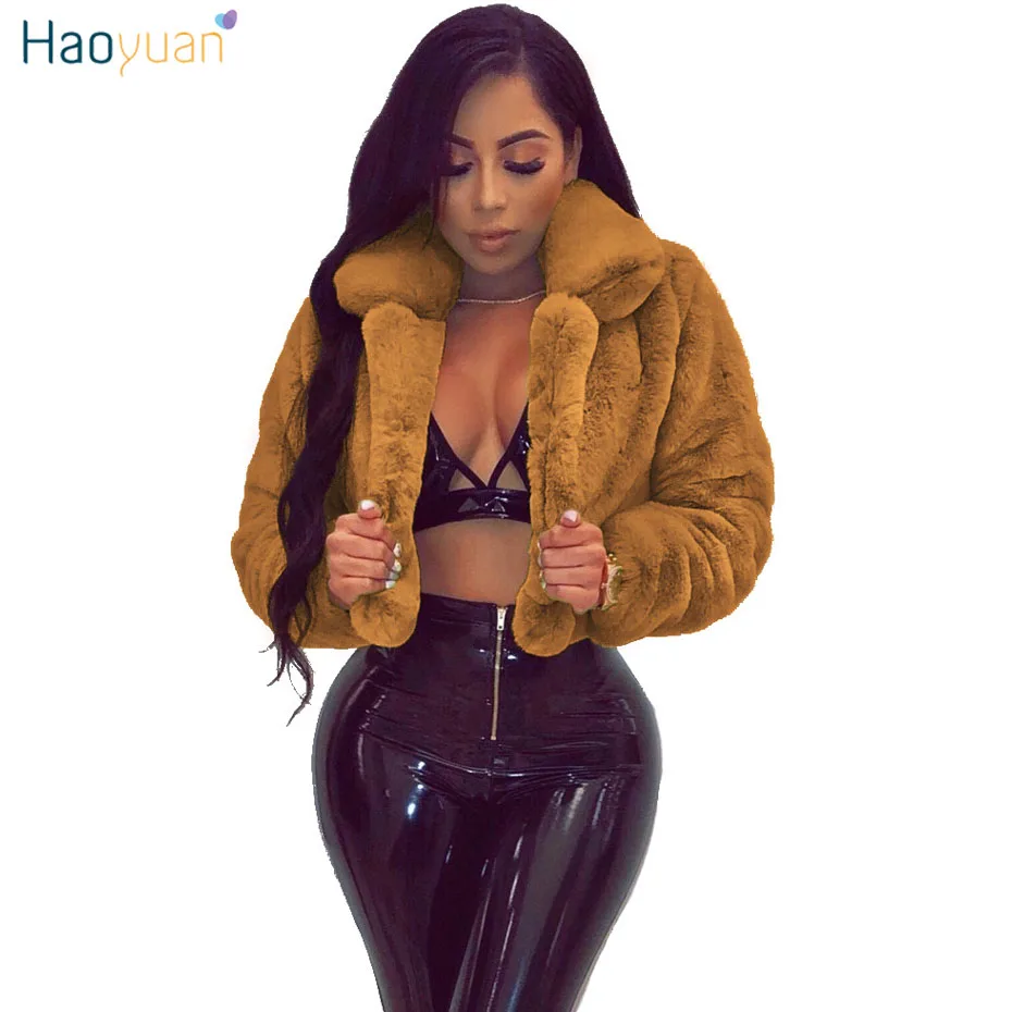 HAOYUAN Faux Fur Coat Women Long Sleeve Thick Warm Flurry Jackets Plus Size Short Teddy Plush Coat Autumn Winter Fur Overcoat