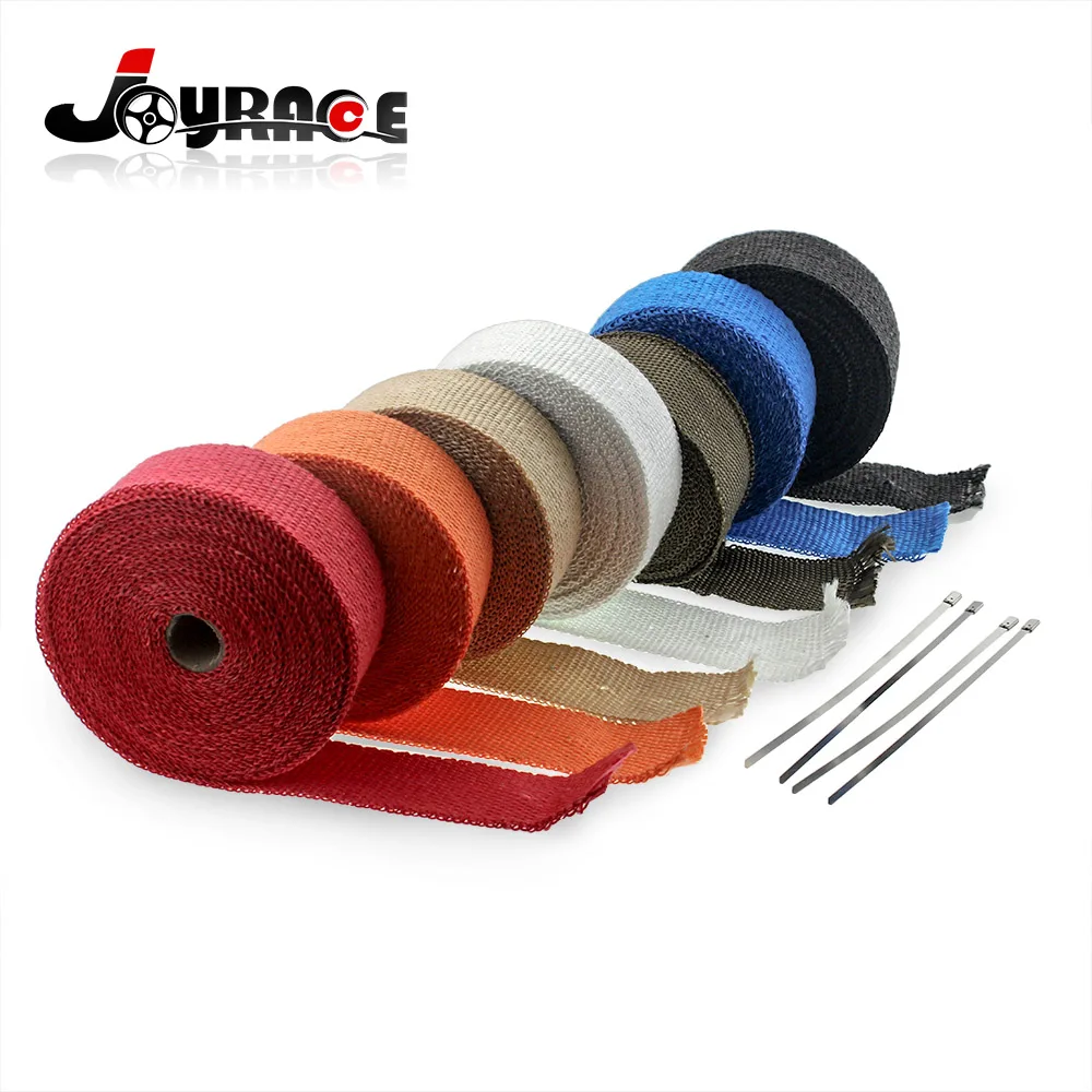 Motorcycle Fiberglass Exhaust Header Pipe Heat Wrap Tape w/ 5 Steel