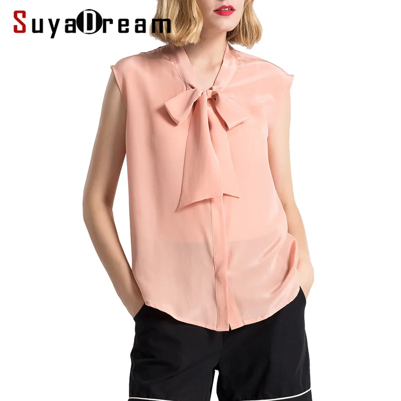 

Women Silk blouse 100% REAL silk Sleeveless White blouse shirt Bow collar Casual 2019 Spring Summer Top