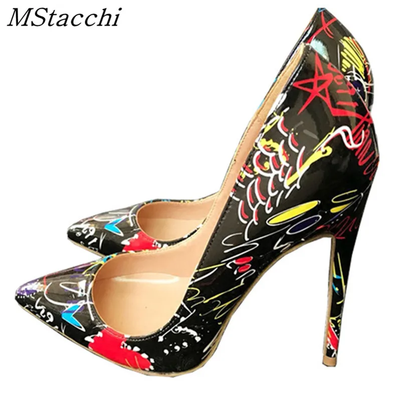 Mstacchi 2018 New designer Graffiti red heart black high heeled pumps shoes sexy pointed toe thin heel beautiful shoe size 33-44