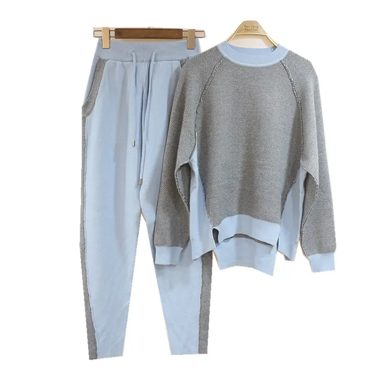 Femmes Haut Costume Vison rose Coton Cachemire Hiver Du Couleur Tricoté Pièces Deux Kaki Ras Nouveau De Chandail pu Mode D'hiver Ciel gris Pédicure Gamme Pantalon blanc Cou zSn0dqx