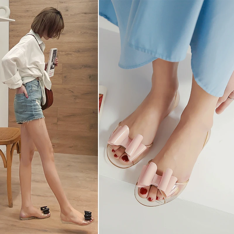 

Jelly shoes women peep toe transparent bowknot flats soft anti-skid girl student fresh 2019 new summer fairy sandals korean shoe
