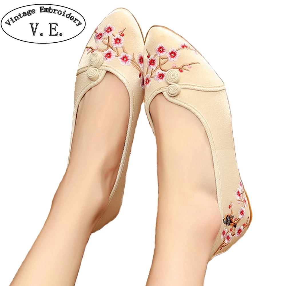

Women Silk Satin Pointed Toe Ballet Flats Ladies Shallow Slip On Plum Embroidery Shoes Ethnic Bride Wedding Shoes Tenis Feminino