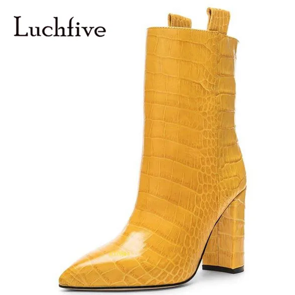 

European Plus Size Party Shoes Autumn Fashion Dress Boots Cocrodile Leather Yellow White Pointed Toe Ankle Boots