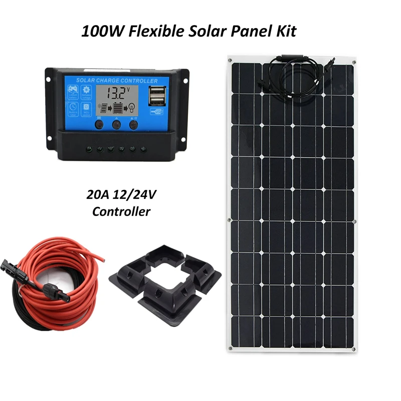 

DIY Solar System Kits 100W 1x100W flexible solar panel, 1x 20A LCD solar controller,5M Solar cables, 4pcs brackets RV/Marine