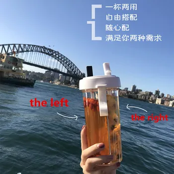 

2019 Creative plastic adult mugs with straw milk tea coffee cup with lid double-deck couple juice glass portable water bottle