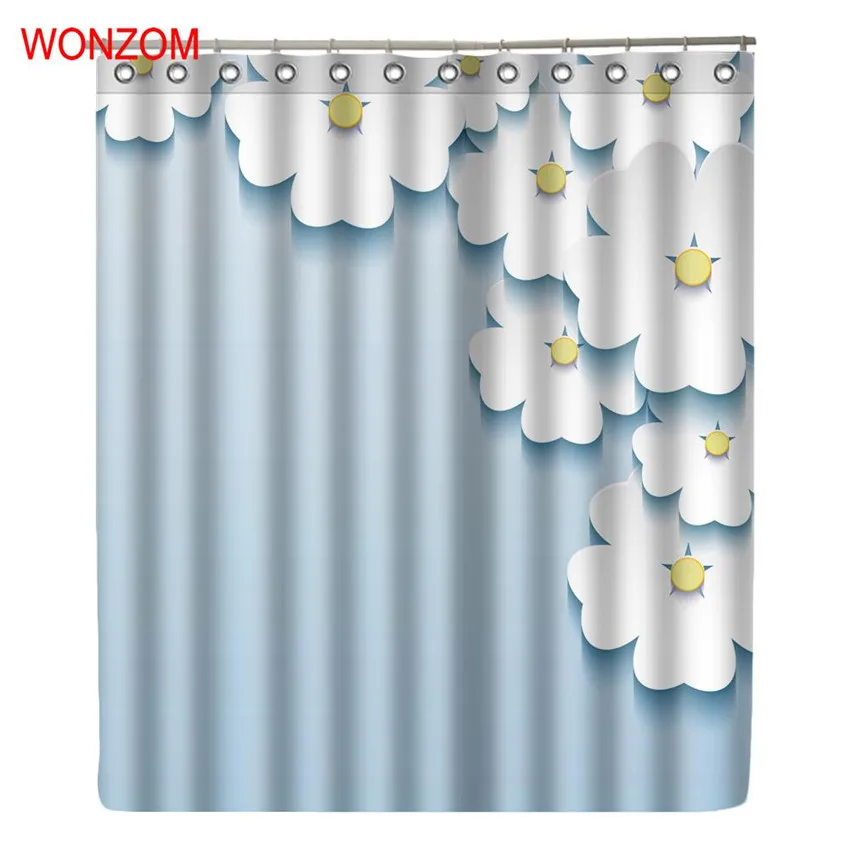 

WONZOM Modern Polyester White Flower Waterproof Shower Curtains For Bathroom Fabric Elegant Blue Bath Curtain With Hooks Gift