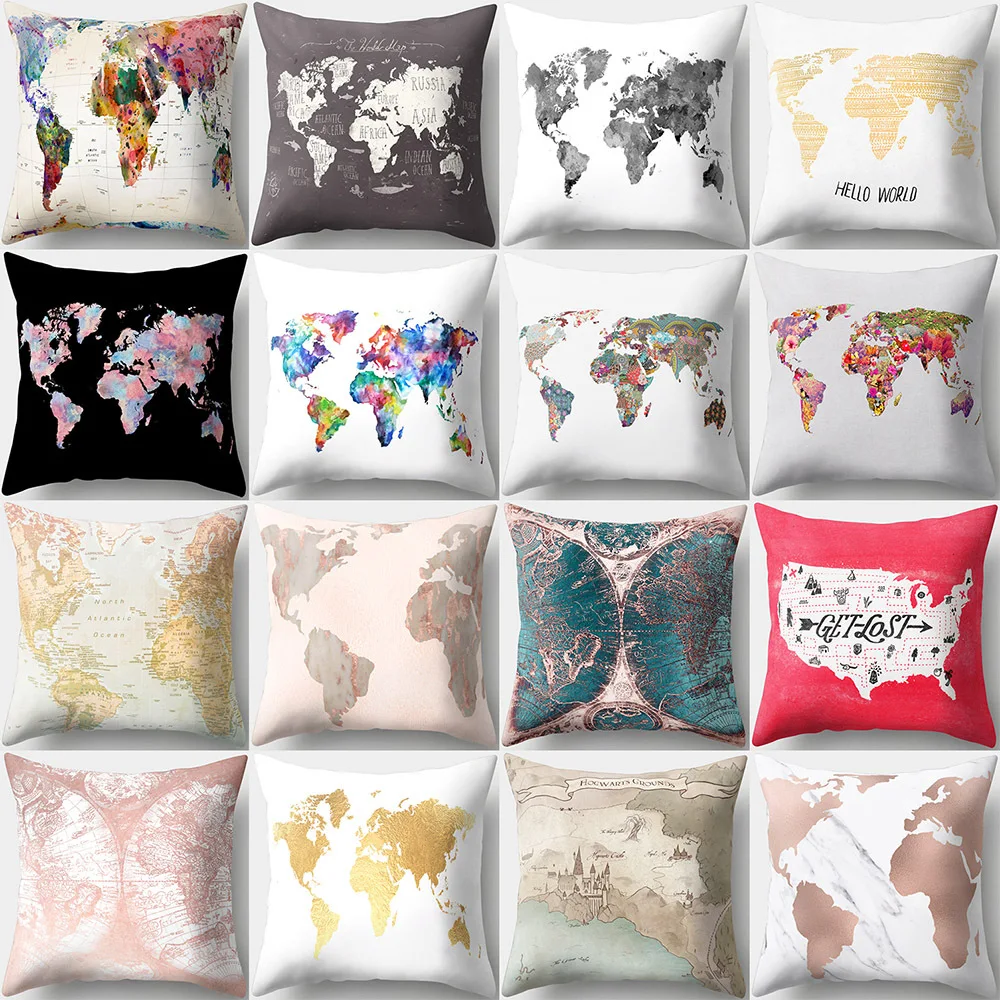 

World Map Printed Custom Sofa Cushion Covers 45x45cm Pink Black and White Cover for Pillow Vintage Home Decoration Accessories