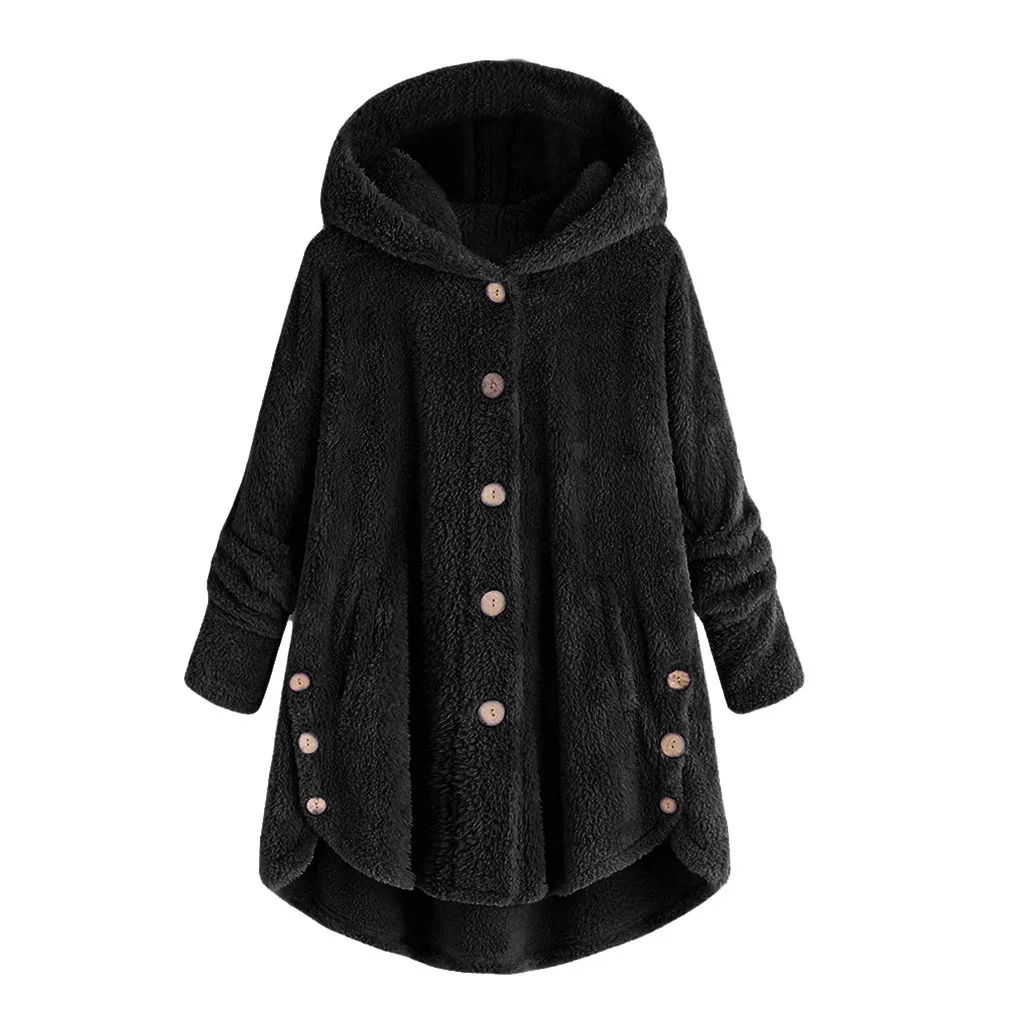 

2019 Winter Coat Women Hooded Coat Fashion Female Solid Button Coat Fluffy Tail Tops Hooded Pullover Loose Outerwear Coat A1