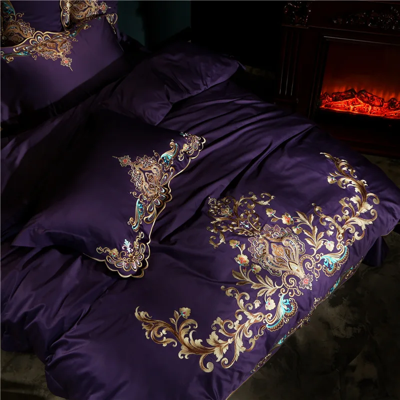 Фиолетовый/Красный 100S Египетский хлопок, Роскошный Королевский Комплект постельного белья с вышивкой, пододеяльник, постельное белье, простыня, наволочки