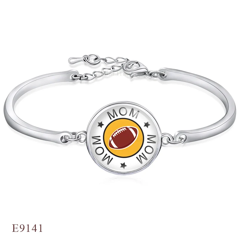 

(Hot)Fashion Adjustable Silver Plated Bangle Football Mom Charm Design Open Bangle for Women Gift Glass Cabochon Chain