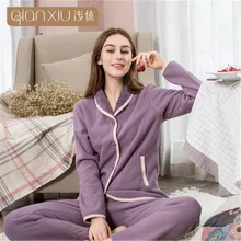 Qianxiu зимний пижамный комплект, женские утепленные длинные брюки на пуговицах, Пижама для женщин, теплая простая Пижама для женщин