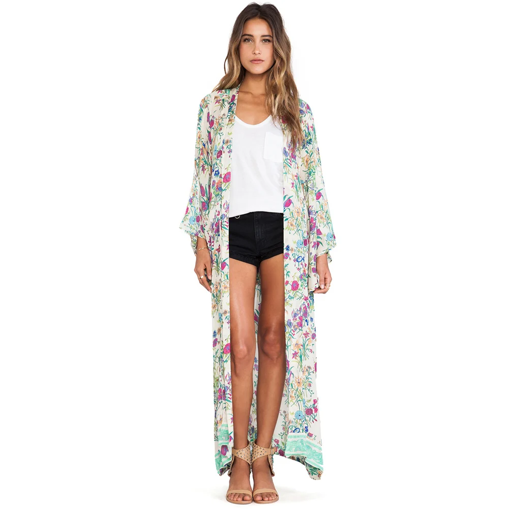 2017 Women Chiffon Loose Cardigan Open Front Floral Print Robe De Plage