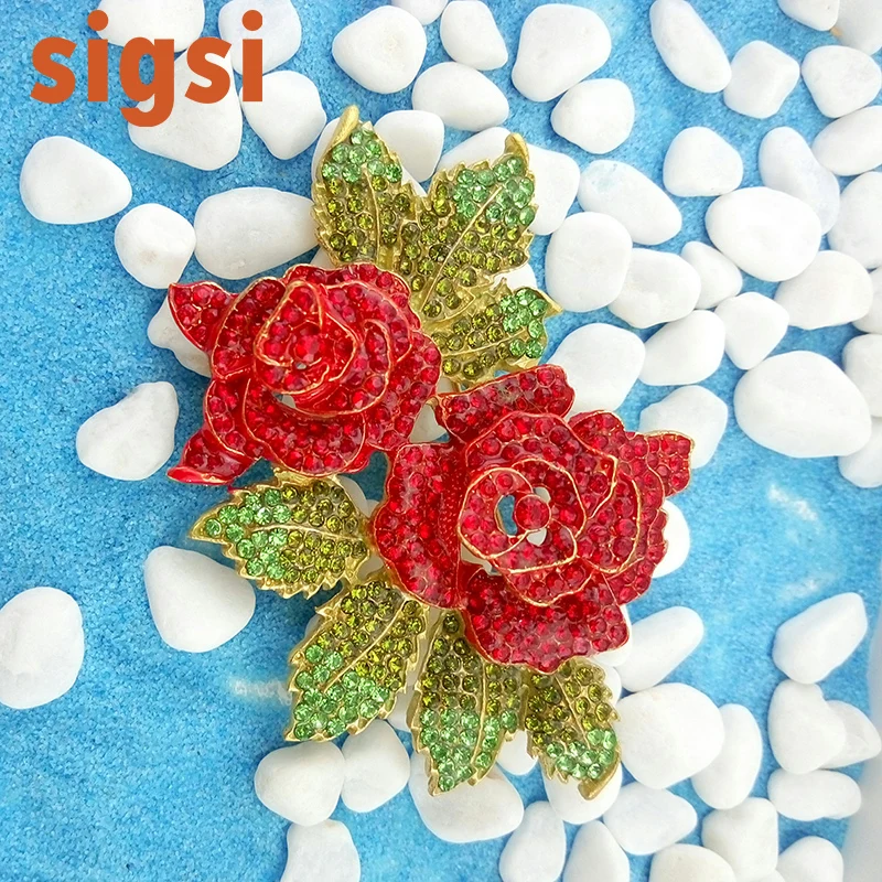 

10pcs/lot free shipping 70mm red and green crystal double flower large rose brooch pins