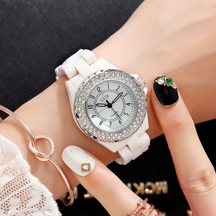 GEDI, relojes de cerámica blanca a la moda para mujer, marca de lujo, reloj de cuarzo para mujer, de 2 piezas reloj de pulsera, reloj de cerámica blanco