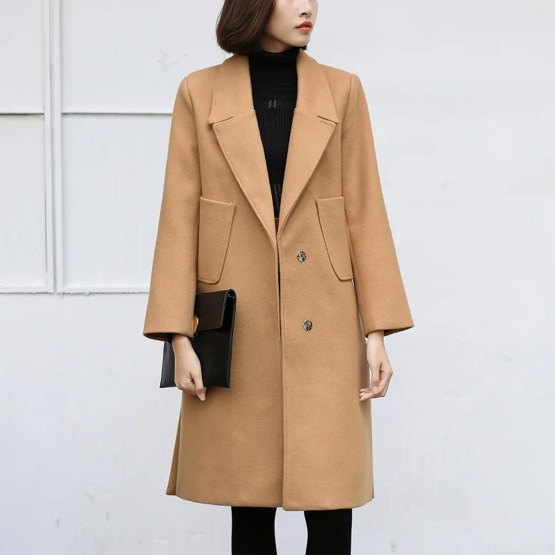 Winter Women's Long Woolen Coat Knee length Thick Female Overcoat Khaki ...