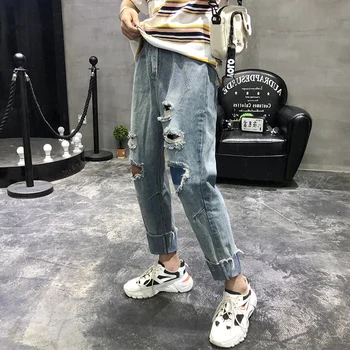 

2019 Men's Holes Stretch Slim Fit Wash Jeans Blue Color Male Classic Style Beggar Casual Pants Tide Mens Trousers Size S-2XL