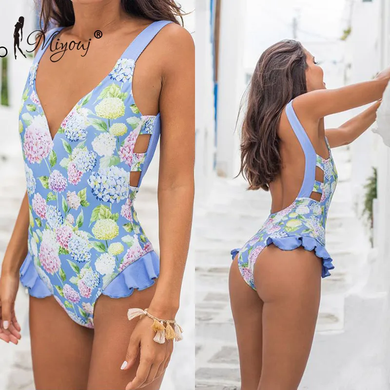 

Miyouj Ruffle Floral One Piece Swimsuit Women Solid Swimwear Hollow Out Biquinis Feminino 2019 Thong Bikini V-Neck Bathing Suit