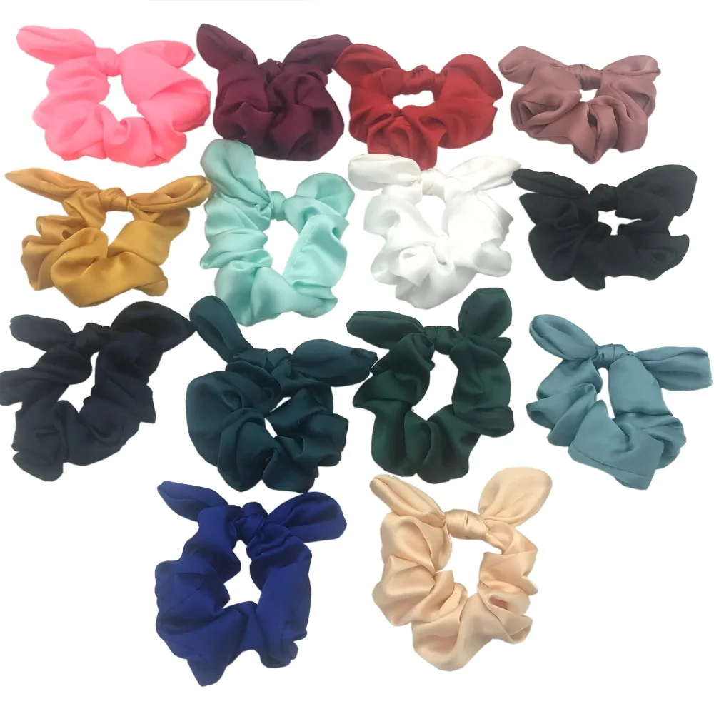 

2PCS 14 Colors Satin Silk Scrunchies Ponytail Holder Elastic Hair Band Scrunchie Set Pack with Bunny Ear Headwear Hair Accessory