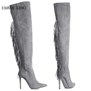 

New Gray Tassels Thigh High Boots Women Pointy Toe Stiletto Heels Side Zipper Long Motorcycle Boots Fall Winter Shoes Woman